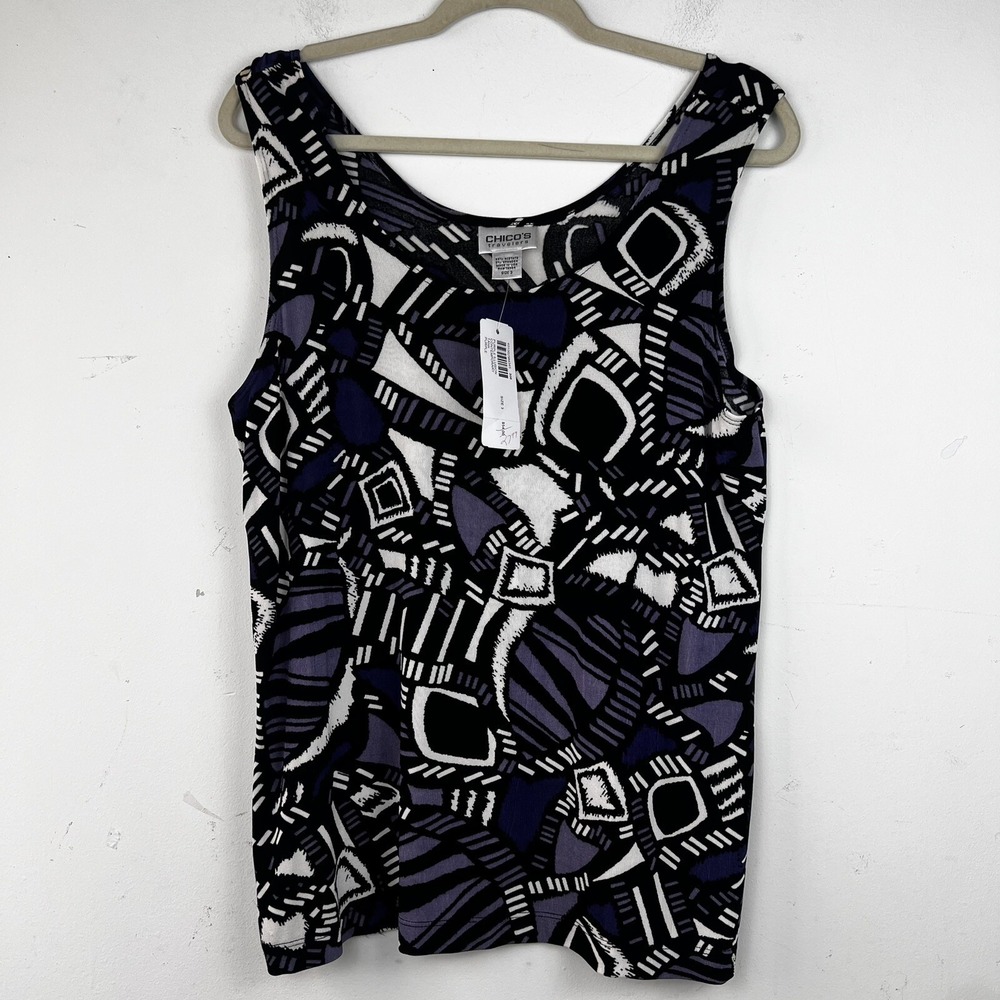 Chicos Travelers Tank Top Womens Size 3‎ Purple Black Geometric Sleeveless - Picture 4 of 11